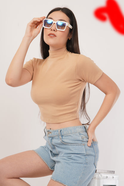 The Caramel Mock Crop | Short Sleeve Turtleneck