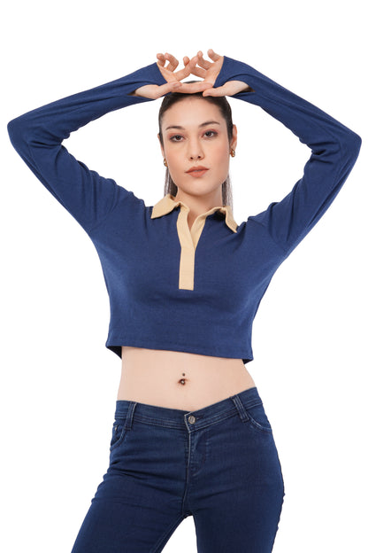 The Indigo Contrast Polo | Cropped Two-Tone Top