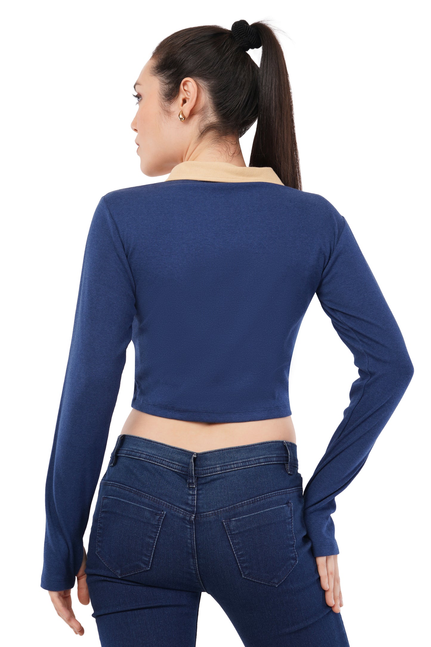 The Indigo Contrast Polo | Cropped Two-Tone Top