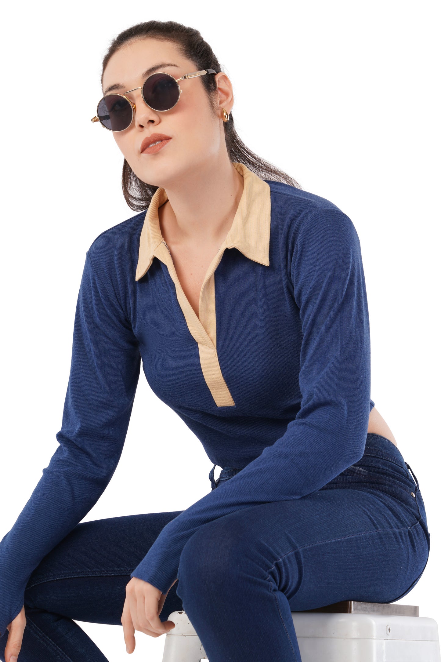 The Indigo Contrast Polo | Cropped Two-Tone Top