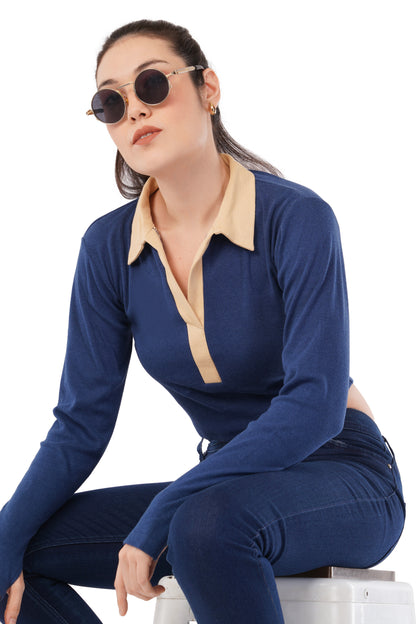 The Indigo Contrast Polo | Cropped Two-Tone Top