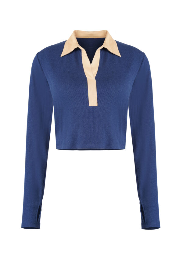 The Indigo Contrast Polo | Cropped Two-Tone Top