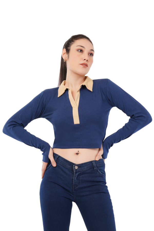 The Indigo Contrast Polo | Cropped Two-Tone Top